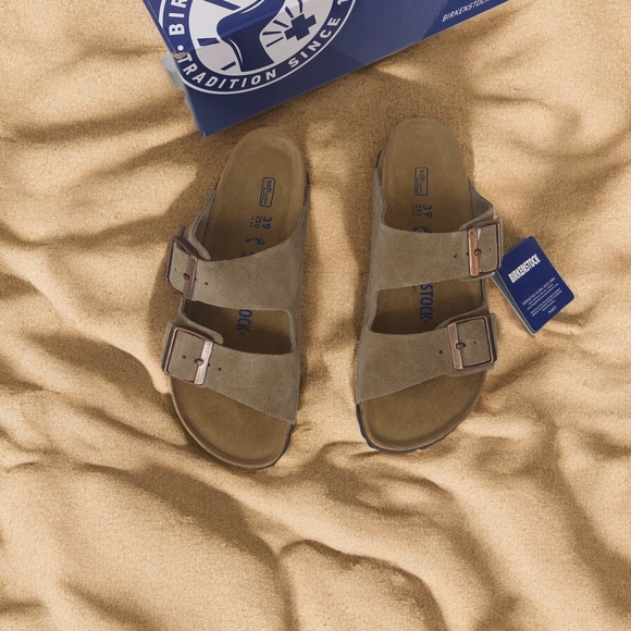 Birkenstock Arizona Taupe Narrow Suede Sandals - Picture 1 of 6